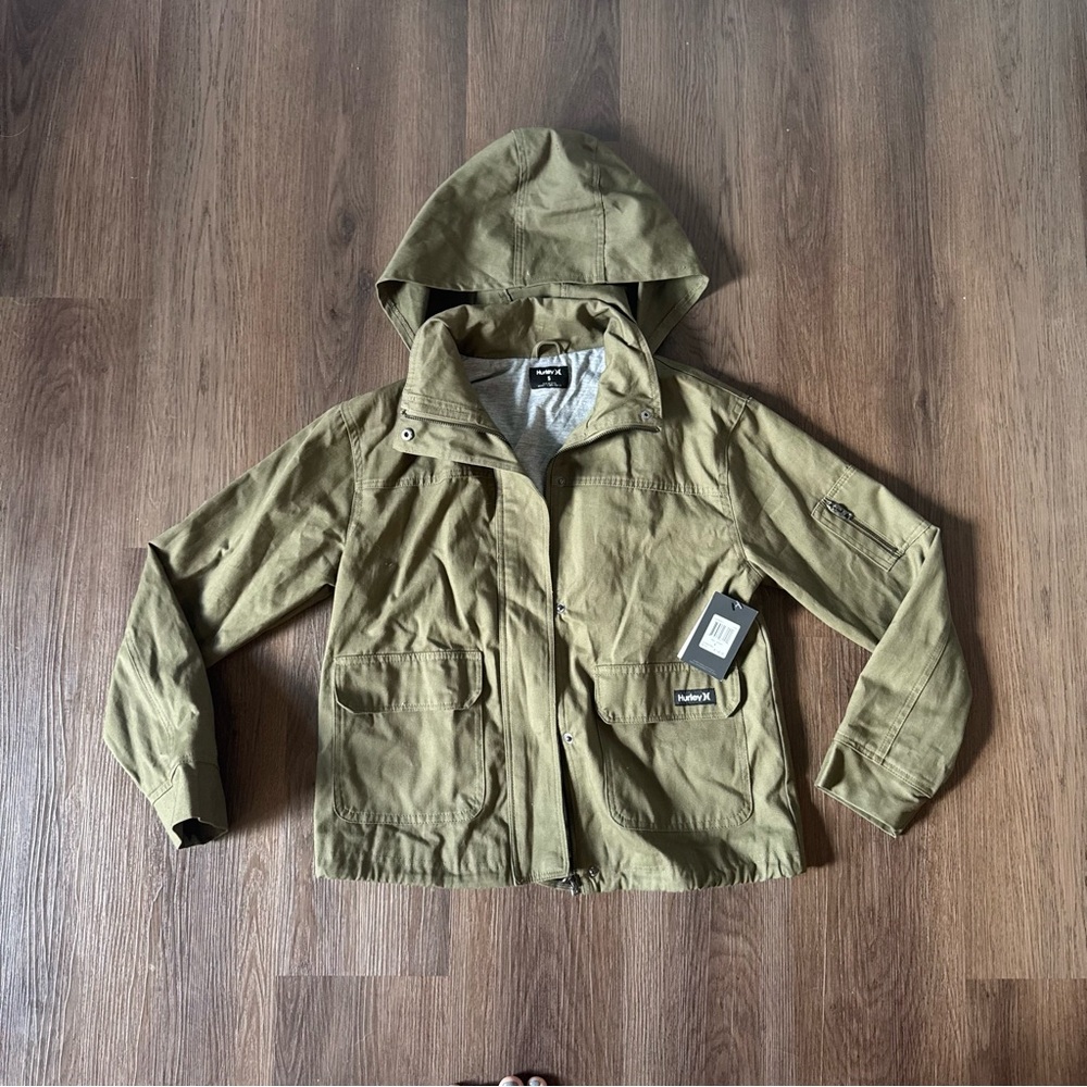 Hurley Jacket Olive Green Hooded Utility Cargo Pockets Size S